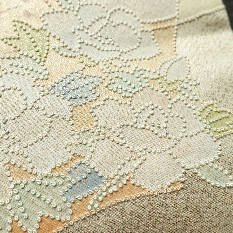 名古屋帯 太鼓柄 相良刺繍 正絹 花柄 名古屋仕立て なごや帯 リサイクル帯 帯 刺繍 クリーム_画像5