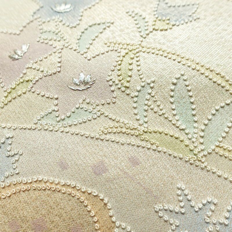 名古屋帯 太鼓柄 相良刺繍 正絹 花柄 名古屋仕立て なごや帯 リサイクル帯 帯 刺繍 クリーム_画像6