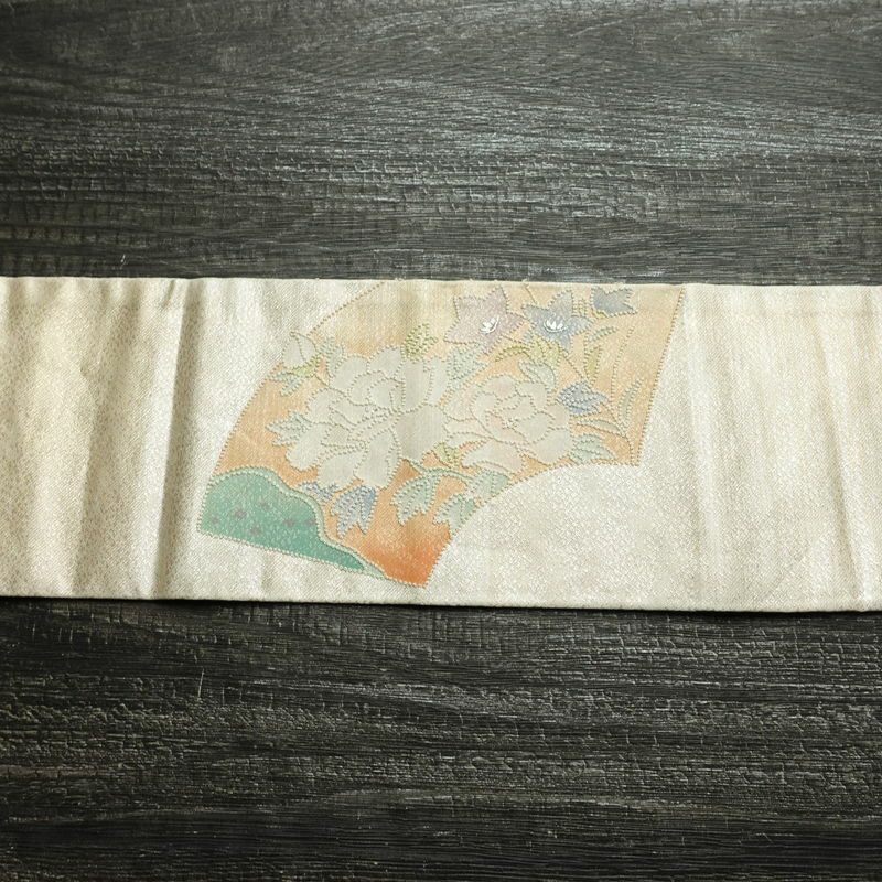 名古屋帯 太鼓柄 相良刺繍 正絹 花柄 名古屋仕立て なごや帯 リサイクル帯 帯 刺繍 クリーム_画像14