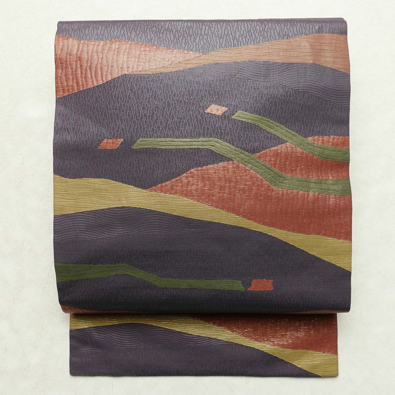 名古屋帯 六通柄 良品 正絹 幾何学柄・抽象柄 名古屋仕立て なごや帯 リサイクル帯 帯 紫・藤色_画像1