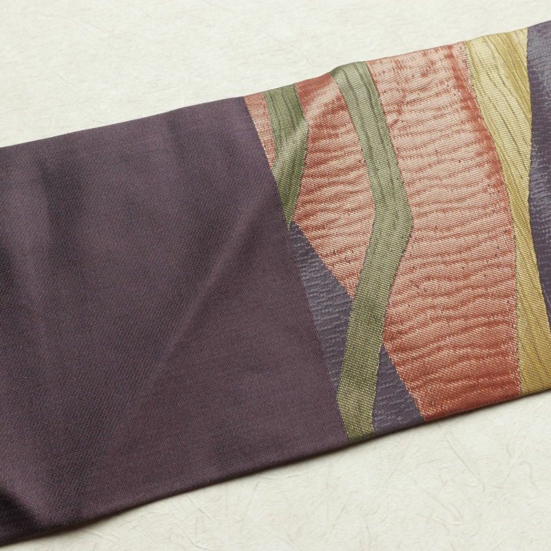名古屋帯 六通柄 良品 正絹 幾何学柄・抽象柄 名古屋仕立て なごや帯 リサイクル帯 帯 紫・藤色_画像15