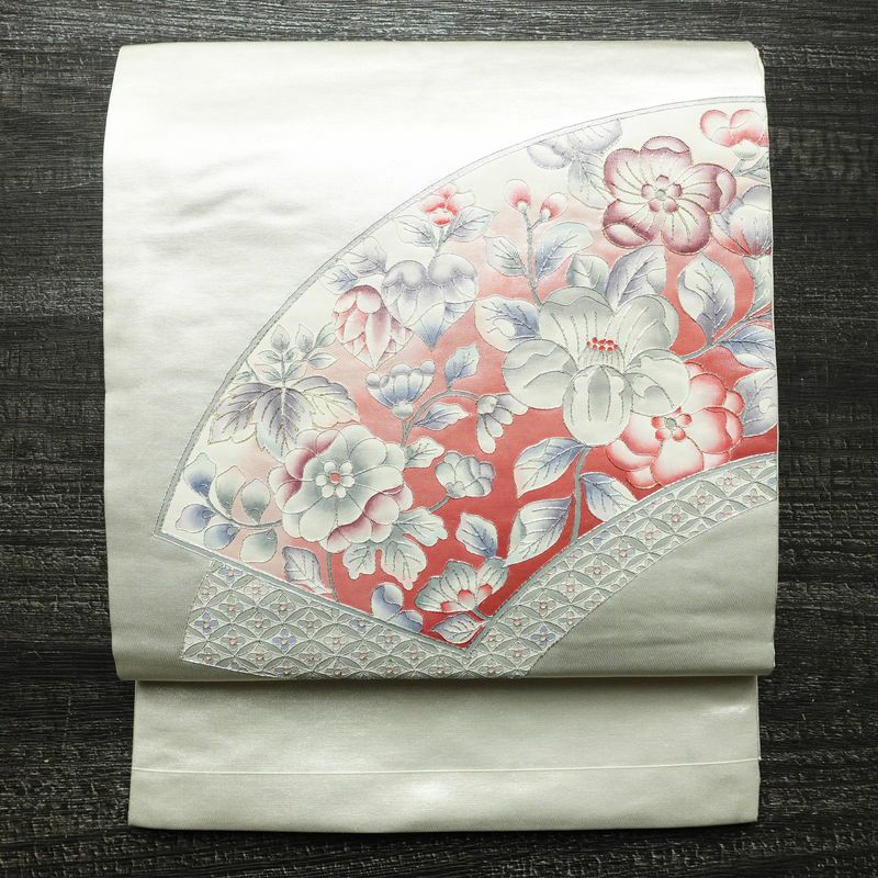 名古屋帯 太鼓柄 正絹 花柄 通し仕立て なごや帯 リサイクル帯 帯 金糸 銀糸 白_画像1