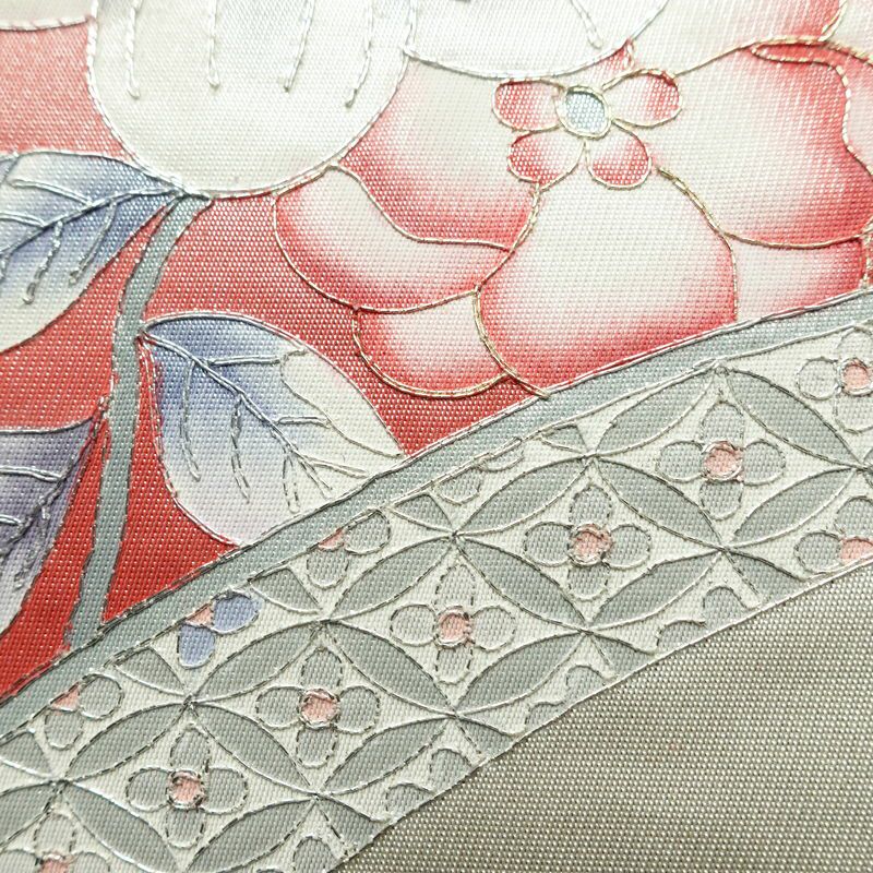 名古屋帯 太鼓柄 正絹 花柄 通し仕立て なごや帯 リサイクル帯 帯 金糸 銀糸 白_画像4