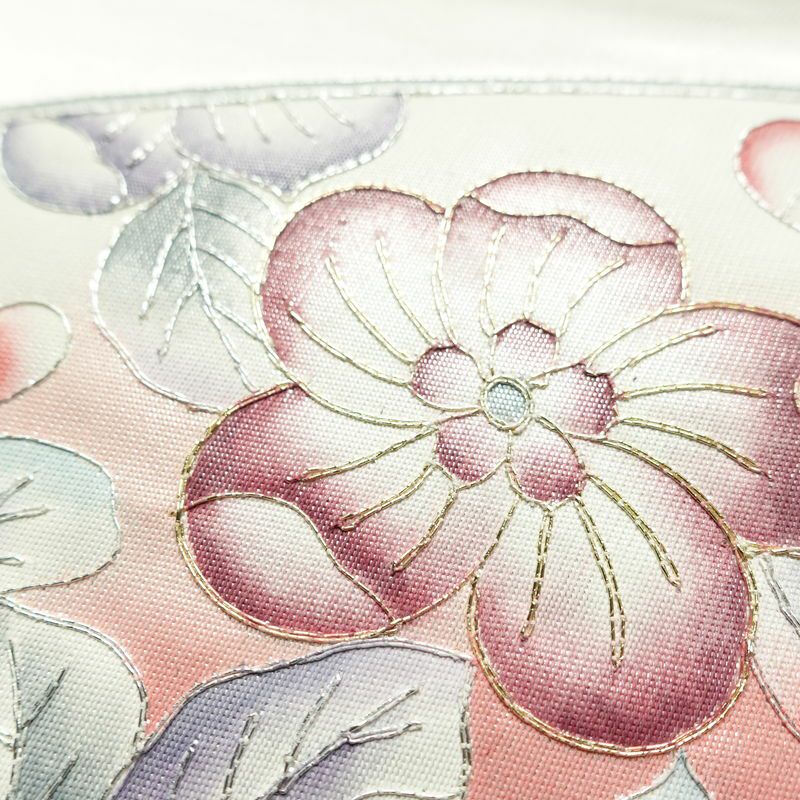 名古屋帯 太鼓柄 正絹 花柄 通し仕立て なごや帯 リサイクル帯 帯 金糸 銀糸 白_画像5