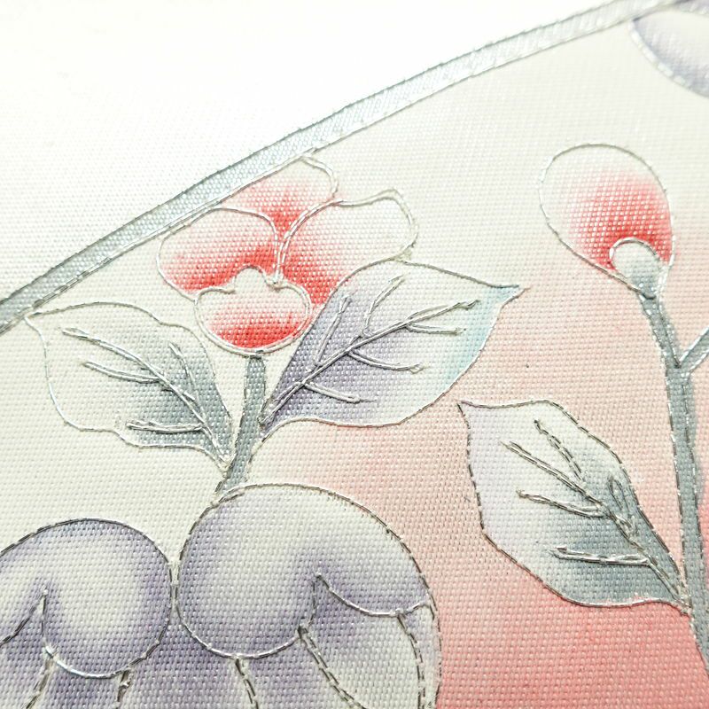 名古屋帯 太鼓柄 正絹 花柄 通し仕立て なごや帯 リサイクル帯 帯 金糸 銀糸 白_画像6