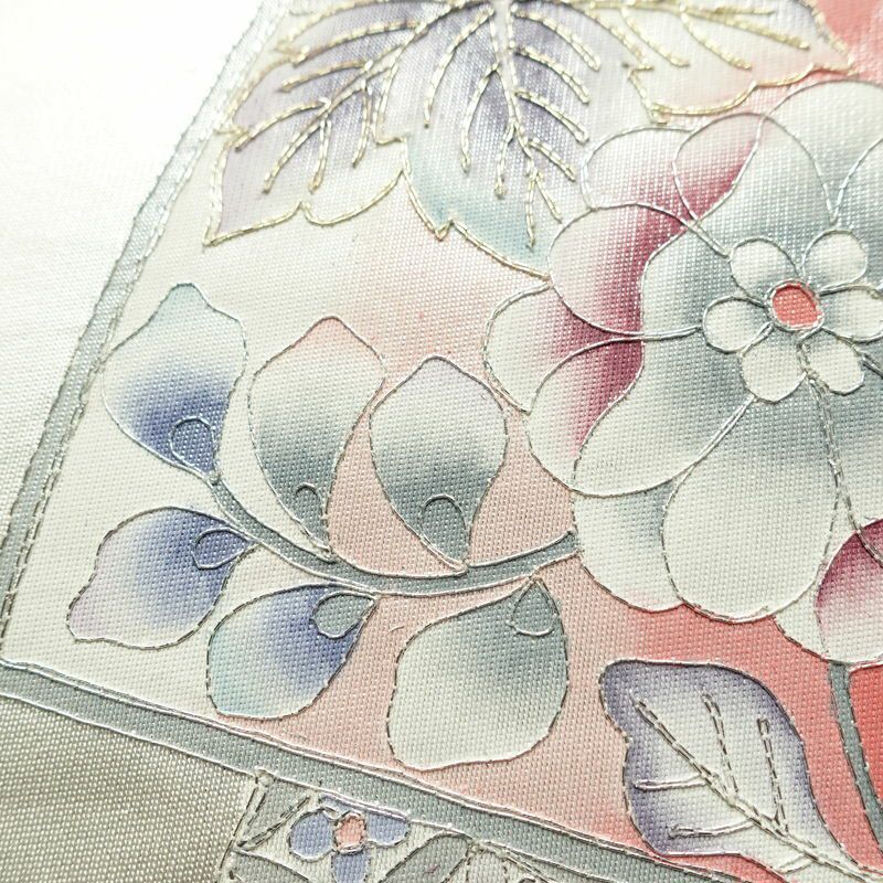 名古屋帯 太鼓柄 正絹 花柄 通し仕立て なごや帯 リサイクル帯 帯 金糸 銀糸 白_画像8