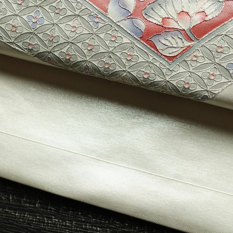 名古屋帯 太鼓柄 正絹 花柄 通し仕立て なごや帯 リサイクル帯 帯 金糸 銀糸 白_画像9