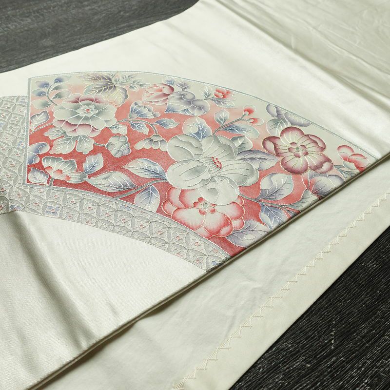 名古屋帯 太鼓柄 正絹 花柄 通し仕立て なごや帯 リサイクル帯 帯 金糸 銀糸 白_画像12