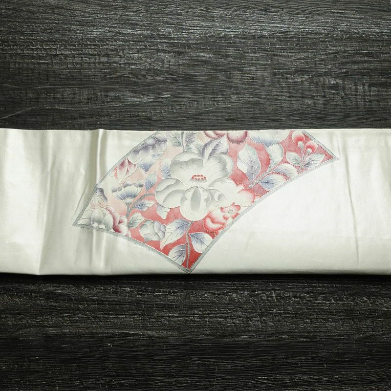 名古屋帯 太鼓柄 正絹 花柄 通し仕立て なごや帯 リサイクル帯 帯 金糸 銀糸 白_画像15