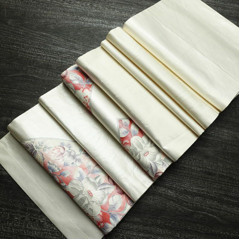 名古屋帯 太鼓柄 正絹 花柄 通し仕立て なごや帯 リサイクル帯 帯 金糸 銀糸 白_画像21