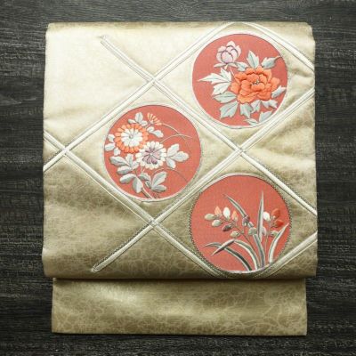 名古屋帯 太鼓柄 良品 正絹 花柄 名古屋仕立て なごや帯 リサイクル帯 帯 刺繍 引箔 銀駒刺繍 金・銀