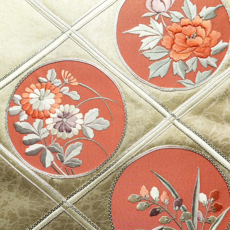 名古屋帯 太鼓柄 良品 正絹 花柄 名古屋仕立て なごや帯 リサイクル帯 帯 刺繍 引箔 銀駒刺繍 金・銀_画像2