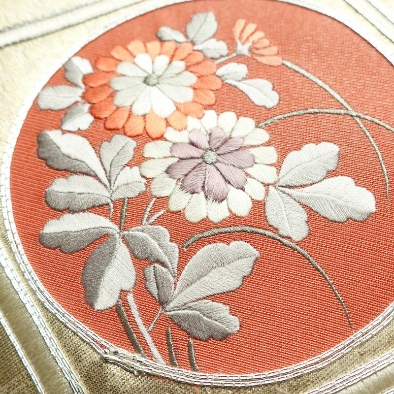 名古屋帯 太鼓柄 良品 正絹 花柄 名古屋仕立て なごや帯 リサイクル帯 帯 刺繍 引箔 銀駒刺繍 金・銀_画像3