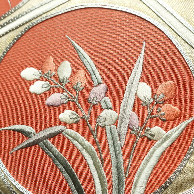 名古屋帯 太鼓柄 良品 正絹 花柄 名古屋仕立て なごや帯 リサイクル帯 帯 刺繍 引箔 銀駒刺繍 金・銀_画像7