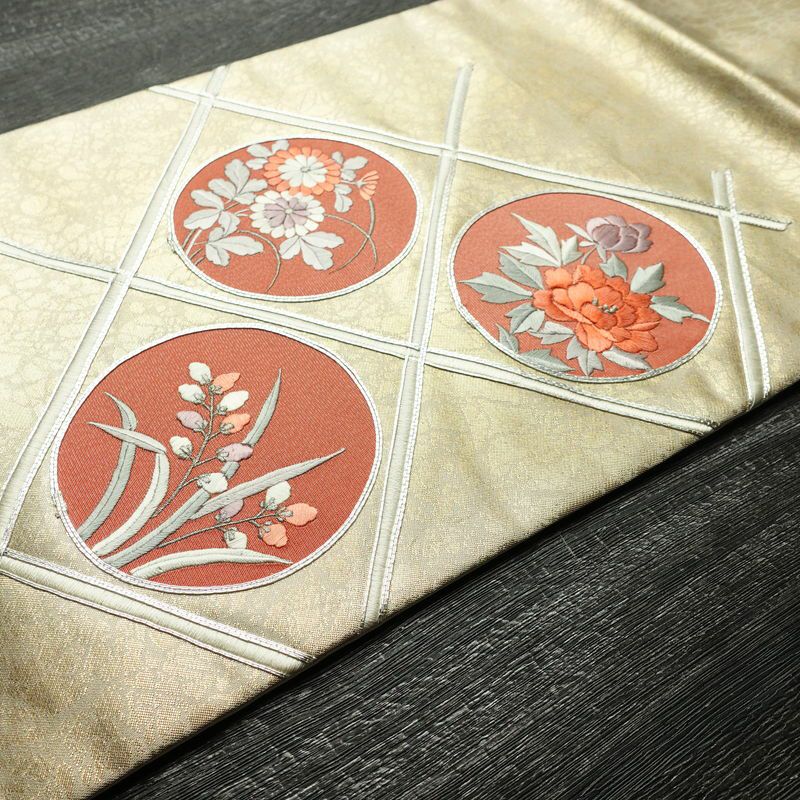 名古屋帯 太鼓柄 良品 正絹 花柄 名古屋仕立て なごや帯 リサイクル帯 帯 刺繍 引箔 銀駒刺繍 金・銀_画像12