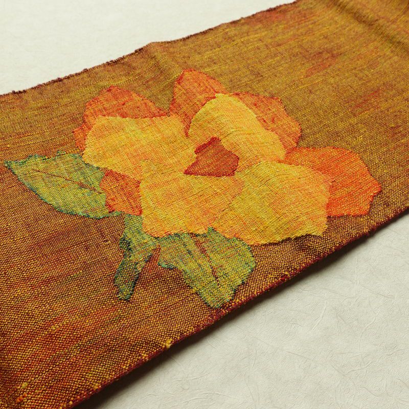 名古屋帯 太鼓柄 良品 正絹 花柄 名古屋仕立て なごや帯 リサイクル帯 帯 紬地 黄・黄土色_画像12