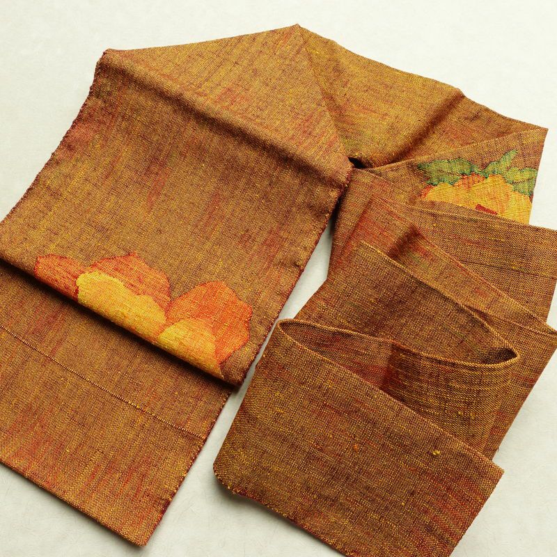 名古屋帯 太鼓柄 良品 正絹 花柄 名古屋仕立て なごや帯 リサイクル帯 帯 紬地 黄・黄土色_画像17