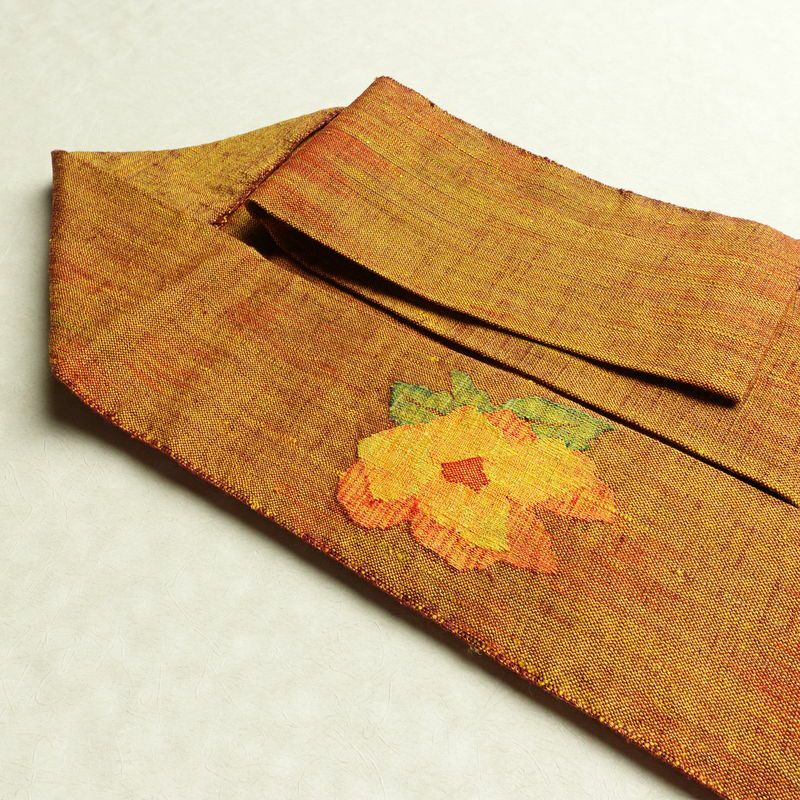 名古屋帯 太鼓柄 良品 正絹 花柄 名古屋仕立て なごや帯 リサイクル帯 帯 紬地 黄・黄土色_画像21