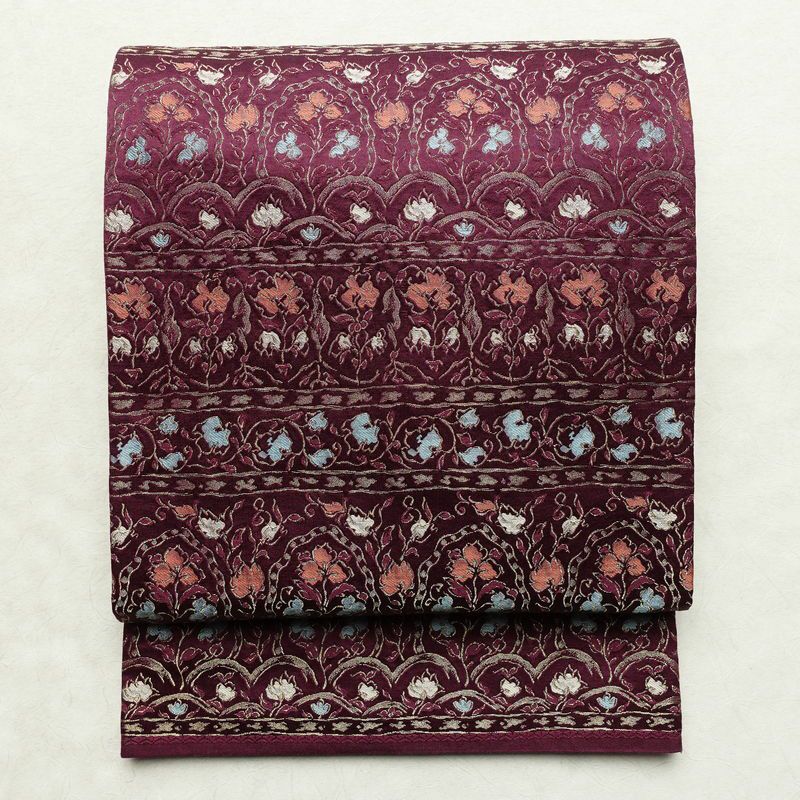 名古屋帯 六通柄 正絹 花柄 通し仕立て なごや帯 リサイクル帯 帯 金糸 紫・藤色_画像1