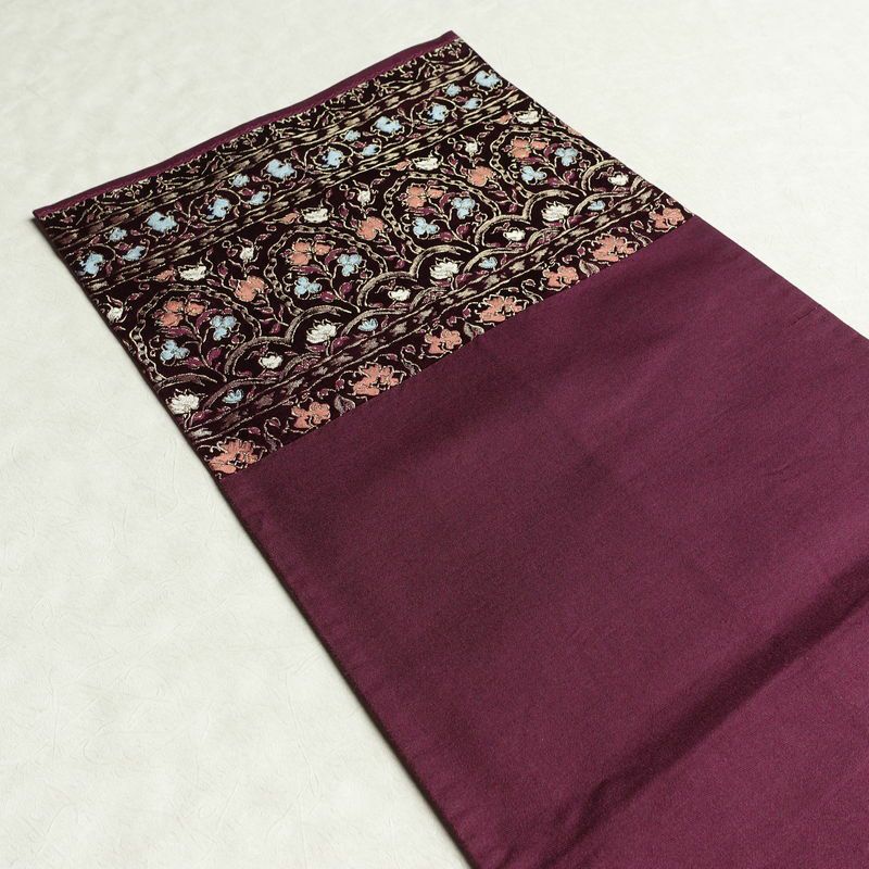 名古屋帯 六通柄 正絹 花柄 通し仕立て なごや帯 リサイクル帯 帯 金糸 紫・藤色_画像18