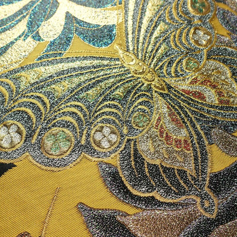 袋帯 六通柄 良品 振袖用 正絹 蝶・昆虫柄 リサイクル帯 帯 箔 成人式 二十歳 二十歳の集い パーティー 華やか 黒_画像3