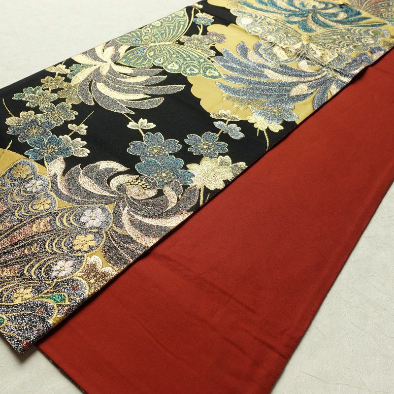 袋帯 六通柄 良品 振袖用 正絹 蝶・昆虫柄 リサイクル帯 帯 箔 成人式 二十歳 二十歳の集い パーティー 華やか 黒_画像10