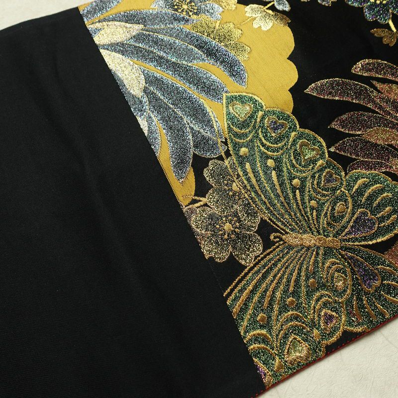 袋帯 六通柄 良品 振袖用 正絹 蝶・昆虫柄 リサイクル帯 帯 箔 成人式 二十歳 二十歳の集い パーティー 華やか 黒_画像16