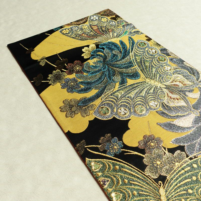 袋帯 六通柄 良品 振袖用 正絹 蝶・昆虫柄 リサイクル帯 帯 箔 成人式 二十歳 二十歳の集い パーティー 華やか 黒_画像19