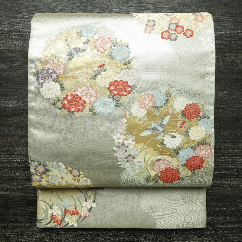 袋帯 太鼓柄 美品 フォーマル用 正絹 花柄 リサイクル帯 帯 引箔 入学式 卒業式 結婚式 上品 金・銀_画像1