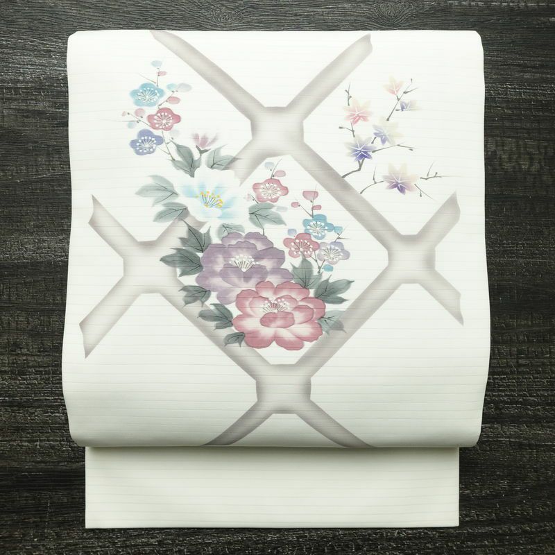 名古屋帯 太鼓柄 美品 夏用 ポリエステル 花柄 名古屋仕立て なごや帯 リサイクル帯 帯 シンプル 白_画像1