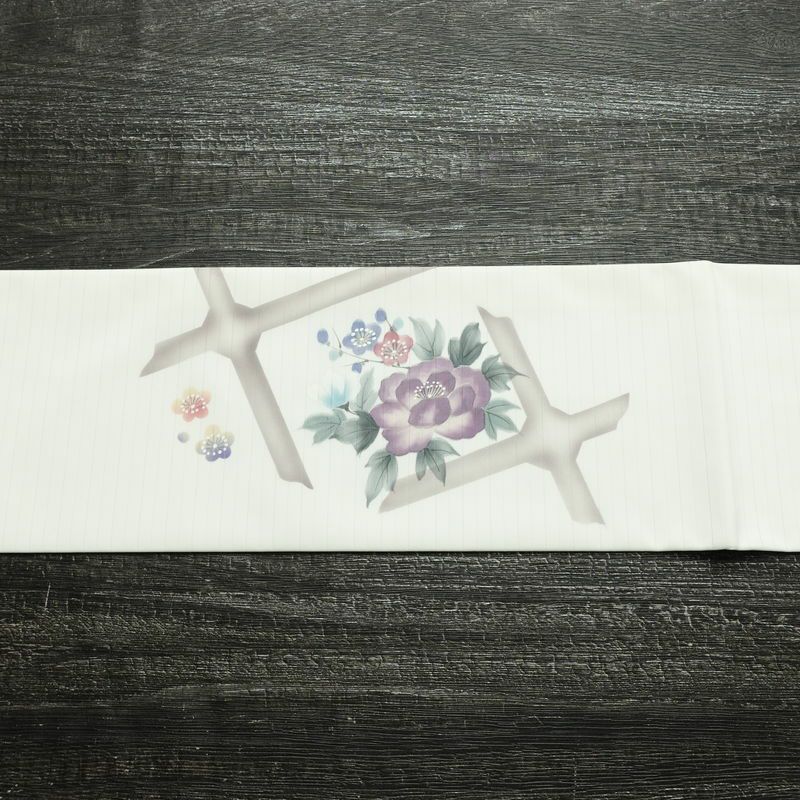 名古屋帯 太鼓柄 美品 夏用 ポリエステル 花柄 名古屋仕立て なごや帯 リサイクル帯 帯 シンプル 白_画像14