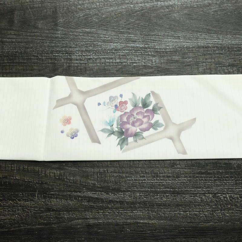 名古屋帯 太鼓柄 美品 夏用 ポリエステル 花柄 名古屋仕立て なごや帯 リサイクル帯 帯 シンプル 白_画像15