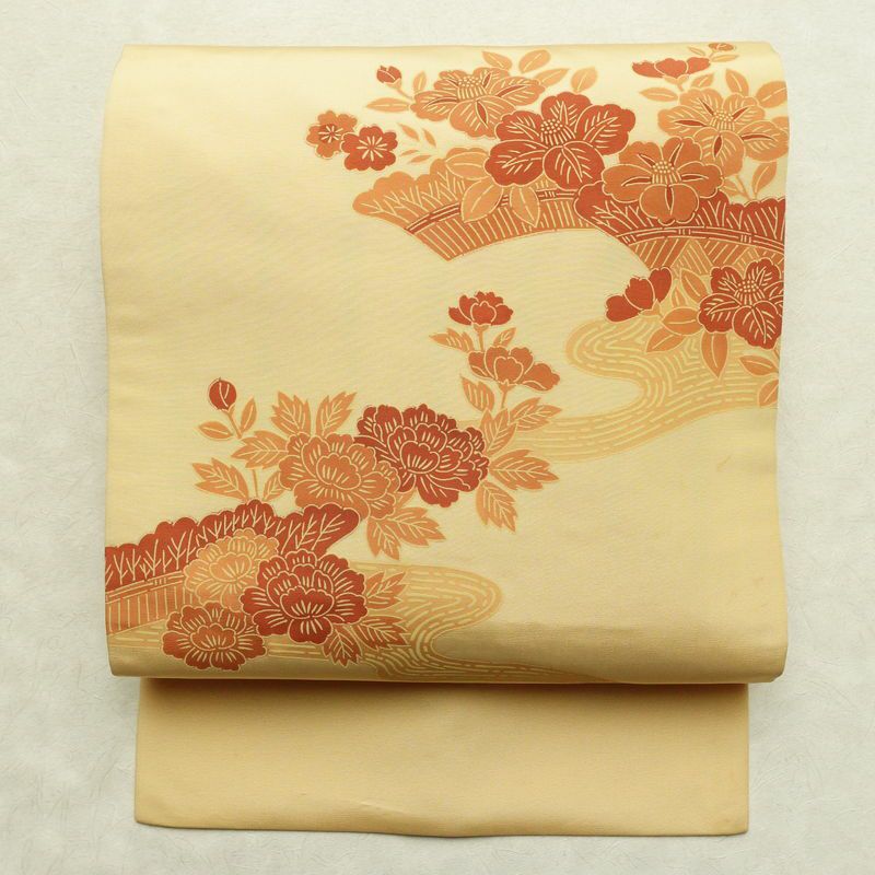 名古屋帯 太鼓柄 正絹 花柄 名古屋仕立て なごや帯 リサイクル帯 帯 黄・黄土色_画像1