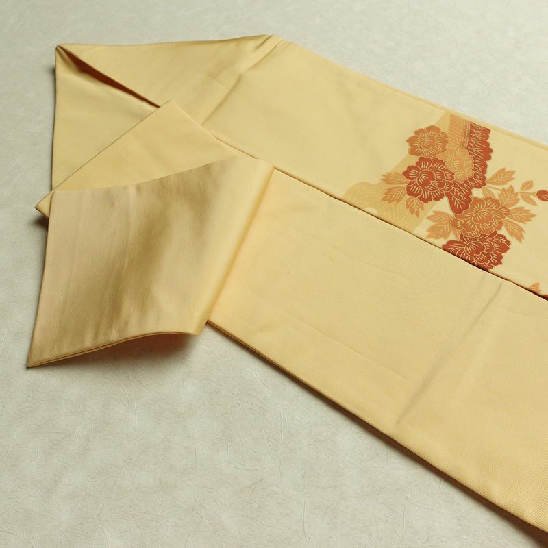 名古屋帯 太鼓柄 正絹 花柄 名古屋仕立て なごや帯 リサイクル帯 帯 黄・黄土色_画像21