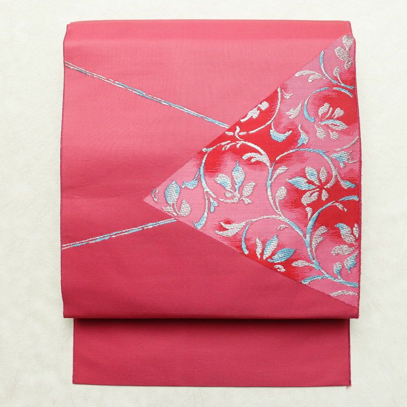 名古屋帯 太鼓柄 正絹 木の葉・植物柄 松葉仕立て なごや帯 リサイクル帯 帯 シンプル ピンク_画像1