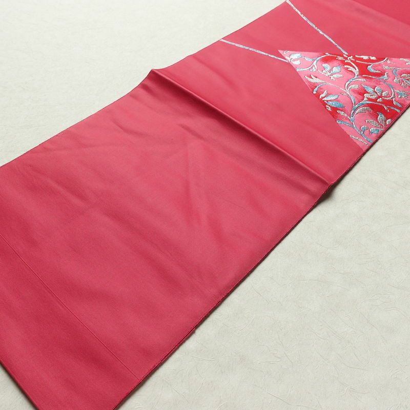 名古屋帯 太鼓柄 正絹 木の葉・植物柄 松葉仕立て なごや帯 リサイクル帯 帯 シンプル ピンク_画像9