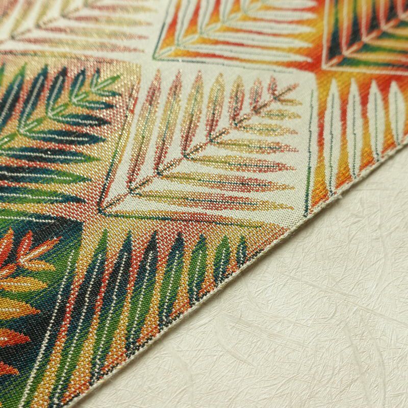 名古屋帯 全通柄 美品 正絹 木の葉・植物柄 名古屋仕立て なごや帯 リサイクル帯 帯 多色使い_画像12