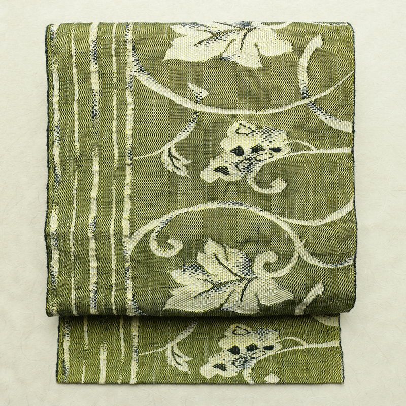 名古屋帯 六通柄 良品 正絹 花柄 名古屋仕立て なごや帯 リサイクル帯 帯 紬地 緑・うぐいす色_画像1