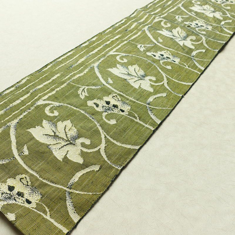 名古屋帯 六通柄 良品 正絹 花柄 名古屋仕立て なごや帯 リサイクル帯 帯 紬地 緑・うぐいす色_画像8