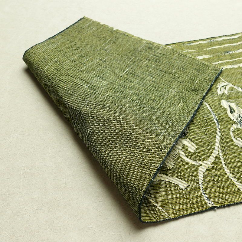 名古屋帯 六通柄 良品 正絹 花柄 名古屋仕立て なごや帯 リサイクル帯 帯 紬地 緑・うぐいす色_画像9