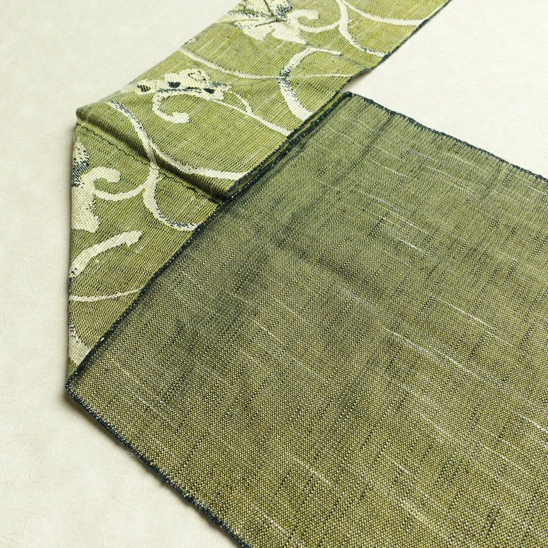 名古屋帯 六通柄 良品 正絹 花柄 名古屋仕立て なごや帯 リサイクル帯 帯 紬地 緑・うぐいす色_画像19
