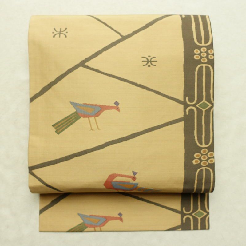 名古屋帯 六通柄 美品 正絹 人物・動物柄 名古屋仕立て なごや帯 リサイクル帯 帯 モダン ベージュ_画像1