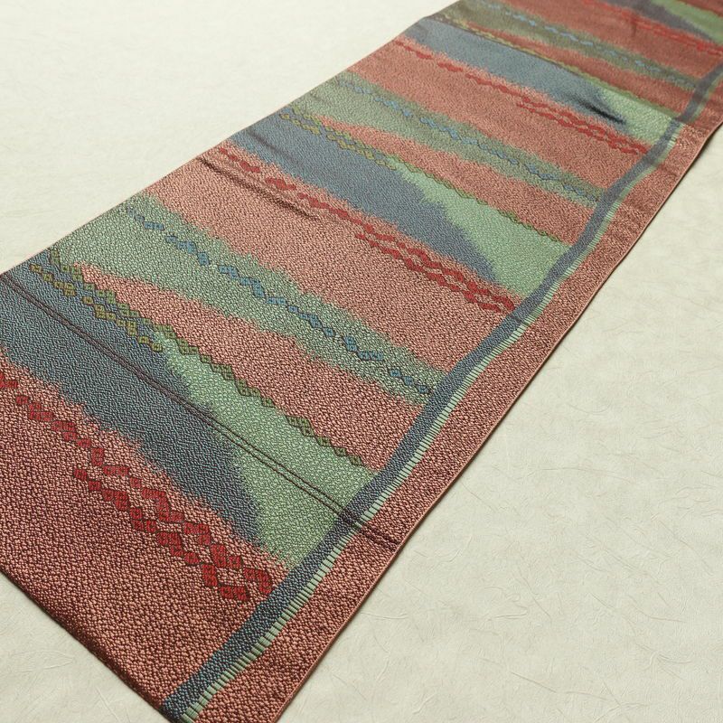 名古屋帯 六通柄 良品 正絹 幾何学柄・抽象柄 松葉仕立て なごや帯 リサイクル帯 帯 多色使い_画像8