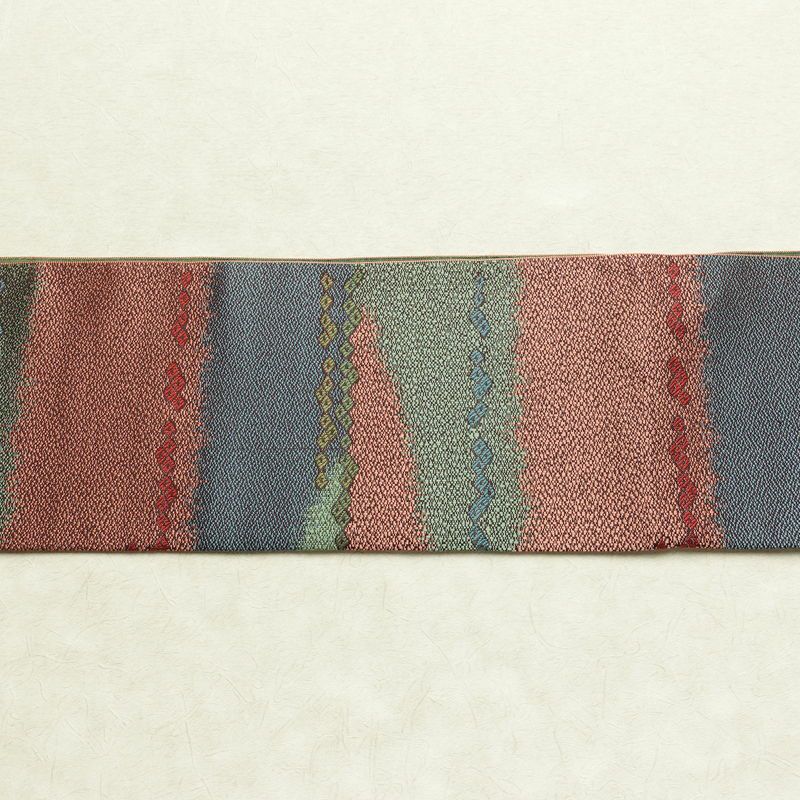 名古屋帯 六通柄 良品 正絹 幾何学柄・抽象柄 松葉仕立て なごや帯 リサイクル帯 帯 多色使い_画像13