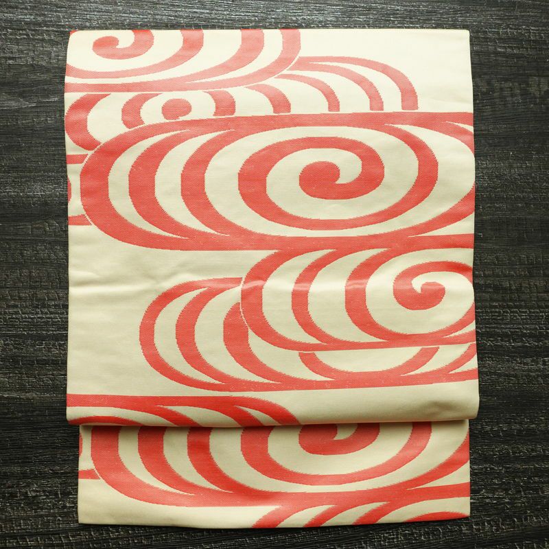 名古屋帯 六通柄 正絹 流水・波柄 名古屋仕立て なごや帯 リサイクル帯 帯 クリーム_画像1