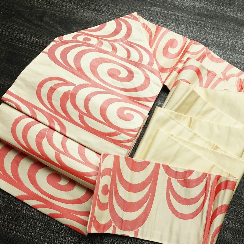 名古屋帯 六通柄 正絹 流水・波柄 名古屋仕立て なごや帯 リサイクル帯 帯 クリーム_画像17