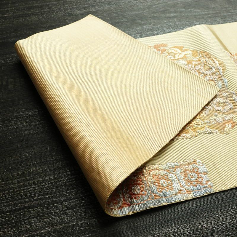 名古屋帯 六通柄 ふくれ織 正絹 幾何学柄・抽象柄 松葉仕立て なごや帯 リサイクル帯 帯 ベージュ_画像10