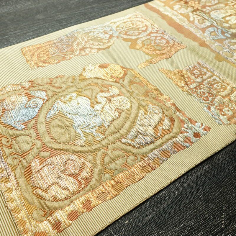 名古屋帯 六通柄 ふくれ織 正絹 幾何学柄・抽象柄 松葉仕立て なごや帯 リサイクル帯 帯 ベージュ_画像12