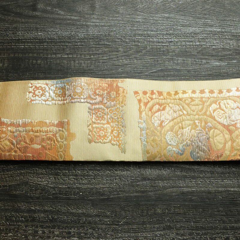 名古屋帯 六通柄 ふくれ織 正絹 幾何学柄・抽象柄 松葉仕立て なごや帯 リサイクル帯 帯 ベージュ_画像15