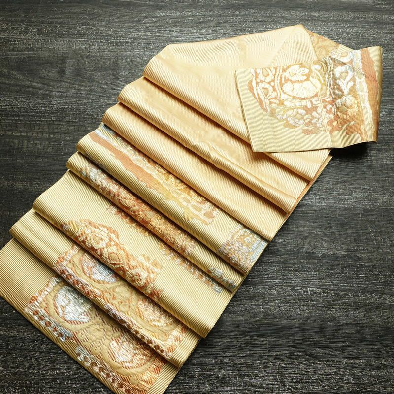 名古屋帯 六通柄 ふくれ織 正絹 幾何学柄・抽象柄 松葉仕立て なごや帯 リサイクル帯 帯 ベージュ_画像18